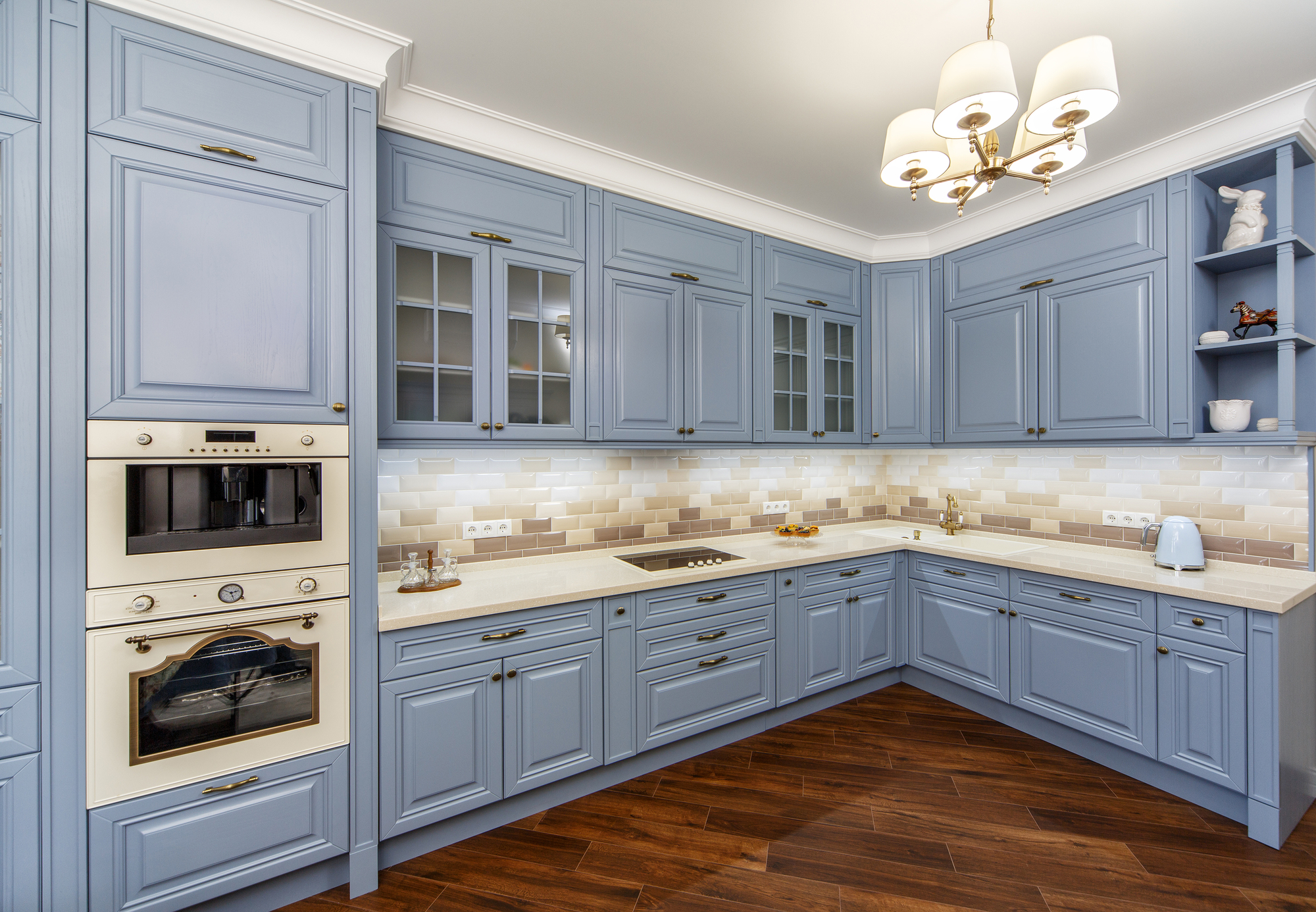 kitchen interior with appliances and furniture blue.